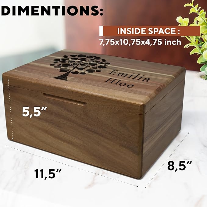 Life Tree Box Personalized - Large Keepsake Box, 5 Year Wedding Gift Anniversary for Men/Women, Acacia Wood Decorative Chest, Handmade Memory Boxes with Custom Hidden Message, 11.5 x 8.5 x 5.5 in