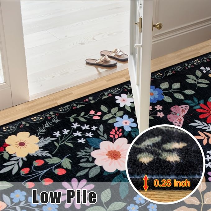 10x12 Area Rugs for Living Room: Floral Washable Rug Vintage Large Soft Boho Non-Slip Carpet Stain Resistant Low Pile Carpets for Bedroom Dining Room Farmhouse Nursery Hallway Home Office Black