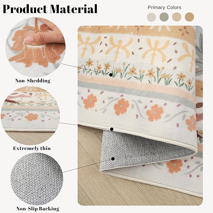 Door Mat Indoor Entrance 2x3 Rug Machine Washable Vintage Floral Botanical Small Area Rug Non-Slip Low Pile Throw Rugs for Entryway, Kitchen, Front Door Entrance, Entry, Kids Room, Yellow