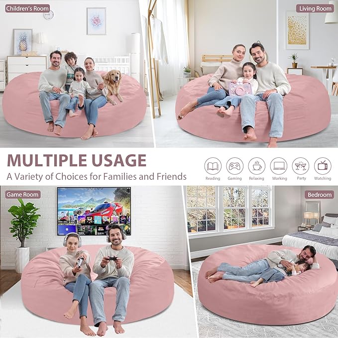7FT Bean Bag Chair, Large Bean Bag Chairs with Memory Foam Filled, Fluffy Beanbag Sofa with Dutch Velvet Cover, Round BeanBag Chairs for Living Room, Playroom - Light Pink
