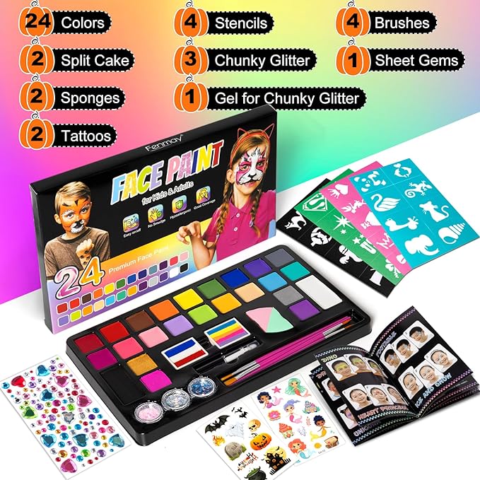 Face Painting Kit for Kids, 24 Colors Washable Face Paint, Safe for Sensitive Skin, Non-Toxic Professional Face Painting Kit, Halloween Birthdays Makeup Set with Stencils, Guide Book
