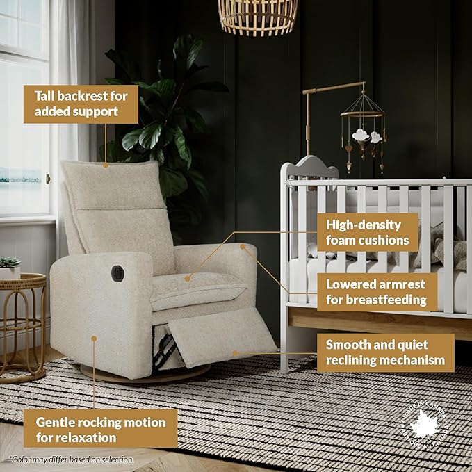 Arya Modern Nursery Glider Recliner Chair – Cozy Nursing Chair with 360° Swivel for New Parents, Gentle Motion, Compact Design, High Back & Low Armrests, Canadian Made (Vanilla/Beyond Sheep Fabric)