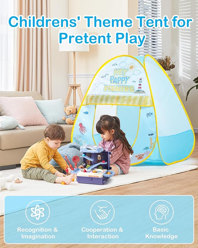 Kids Play Tent, Pop Up Play Tent Fishing Shop Theme with Complete Toy Set, Play Toys Play Set for Kids Indoor Outdoor Pretend Play