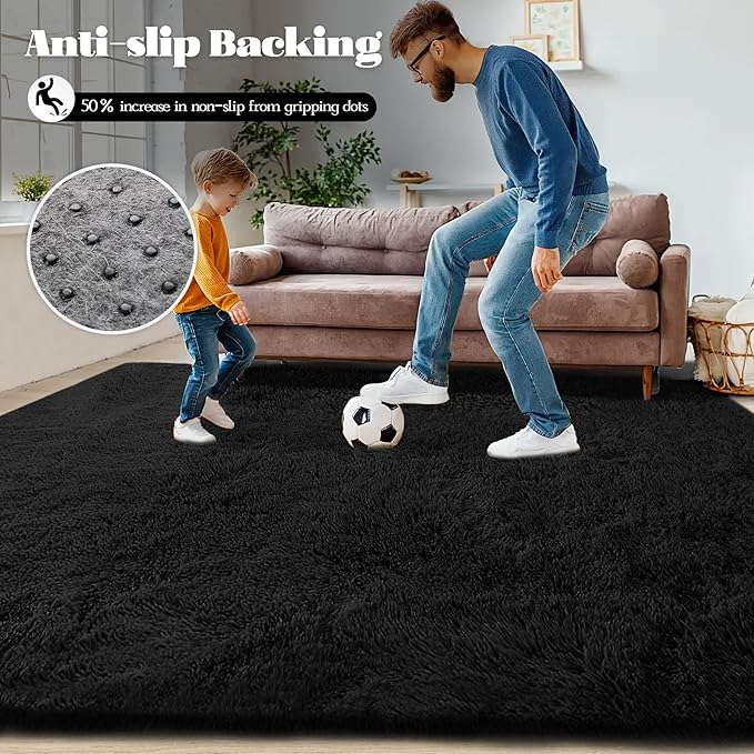5x7 Area Rug for Living Room: Fluffy Shag Soft Washable Rugs Fuzzy Plush Indoor Carpet for Bedroom Nursery Playroom Dorm Kids Girls Boys Room (Black, 5'x7')