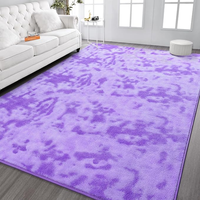 Kimicole 7x10 Washable Area Rugs for Living Room Bedroom, Large Low Pile Ulta-Thin Solid Color Rug, Non-Slip Soft Fluffy Carpet for Nursery Kids Room Dorm Room Home Decor (Purple)