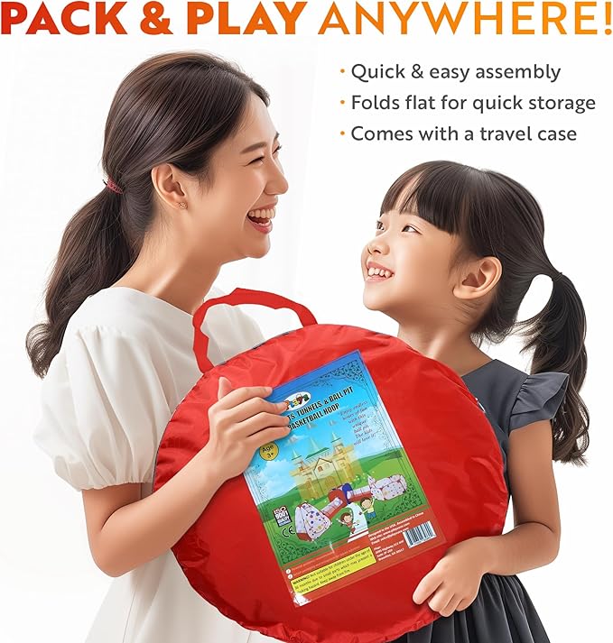 Playz 5-Piece Kids Play Tents Crawl Tunnels and Ball Pit Popup Bounce Playhouse Tent with Basketball Hoop for Indoor and Outdoor Use with Red Carrying Case