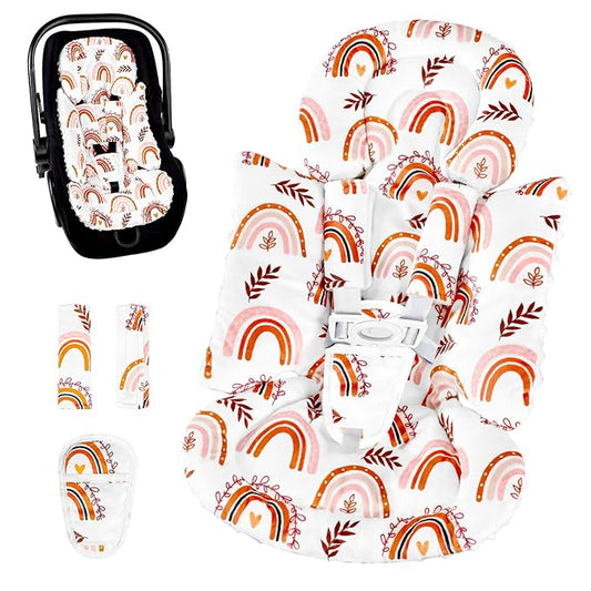 Pea Pod Infant Car Seat Insert with 3 Strap Covers, 3 in 1 Reversible Rainbow Baby Car Seat Head Support for Newborn, 3D Soft Minky Carseat Cushion for Preemie to Infant, Stroller, Swing, Bouncer