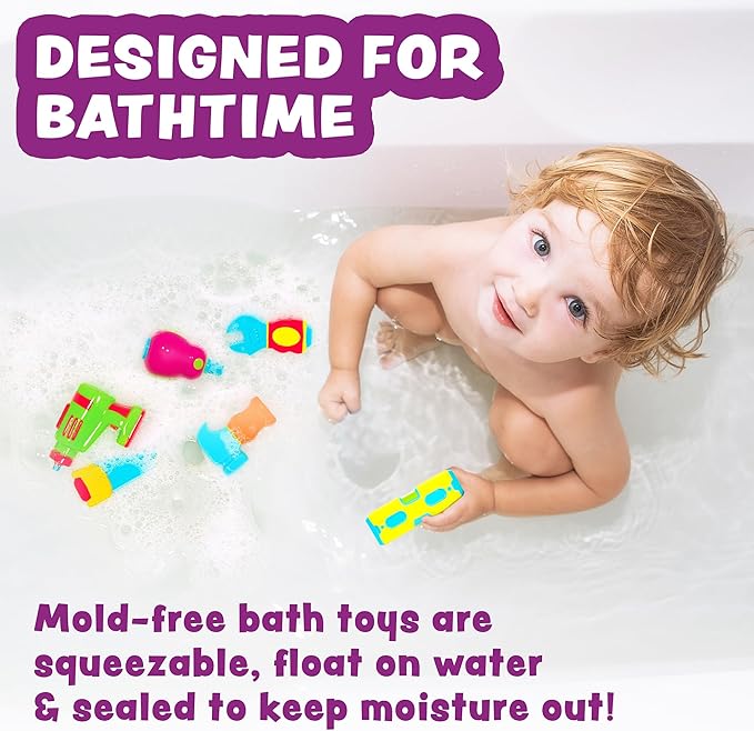 Tub Works® Tools™ Mold Free Bath Toys, 6 Pack | Sealed, No Hole Bath Toys Design Keeps Moisture Out | Soft, Squeezable & Float on Water | Easy-Grip Baby & Toddler Bathtub Toys | Great for Baby Pools