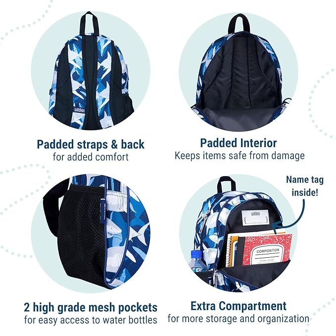 Wildkin 15-inch Kids Backpack – Durable, Padded, Adjustable for School & Travel - Sharks