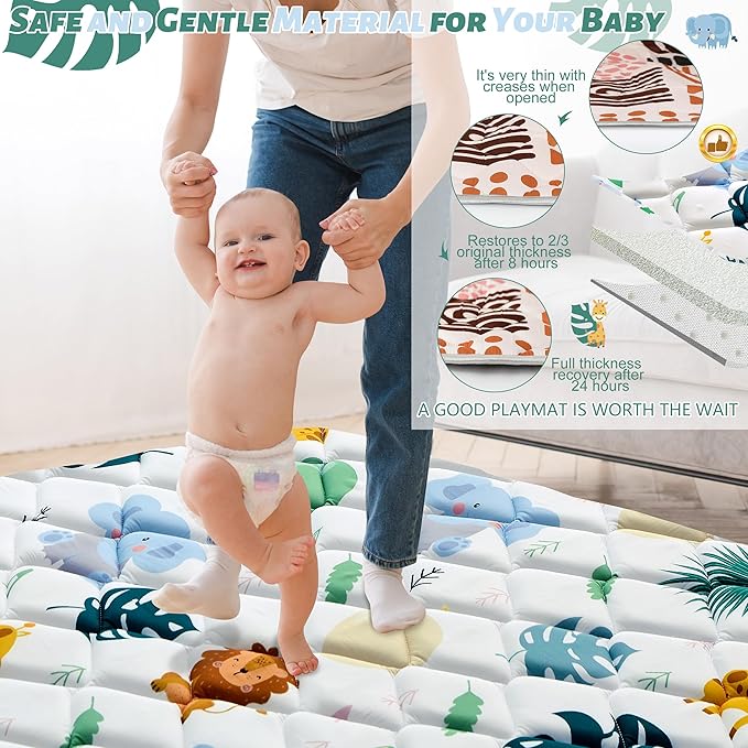 Baby Play Mats for Floor, 59x59 Playpen Mat for Babies, Extra Thicker & Soft Floor Crawling Mat, Foldable Non-Slip Playmat Cushioned for Infants Toddlers, Cute Animal Design