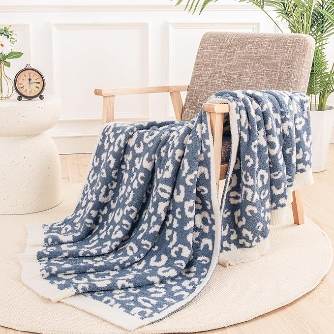 NEXHOME PRO Leopard Soft Blanket, Fuzzy Throw Blanket for Couch Bed Sofa Picnic, Knit Blankets for Women Gifts Blue 50 x 60 inches