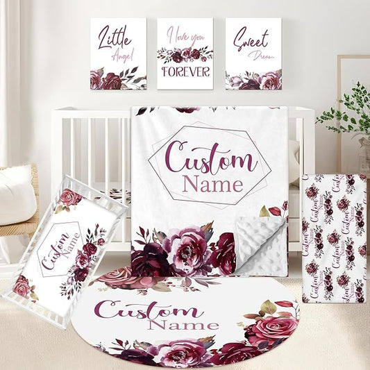 Personalized Crib Bedding Set for Girls, 5 Pcs Nursery Bedding Crib Sets, Soft Custom Flowers Baby Crib Set with Name, Double Layer Baby Bedding Set Customized Gifts for Infants Toddlers Kids