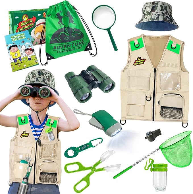 ESSENSON Outdoor Explorer Kit & Bug Catcher Kit with Vest, Outdoor Toy Gift for 3 4 5 6 7 8+ Year Old Boys Girls Kids Binoculars, Magnifying Glass, Butterfly Net, Camping, Adventure