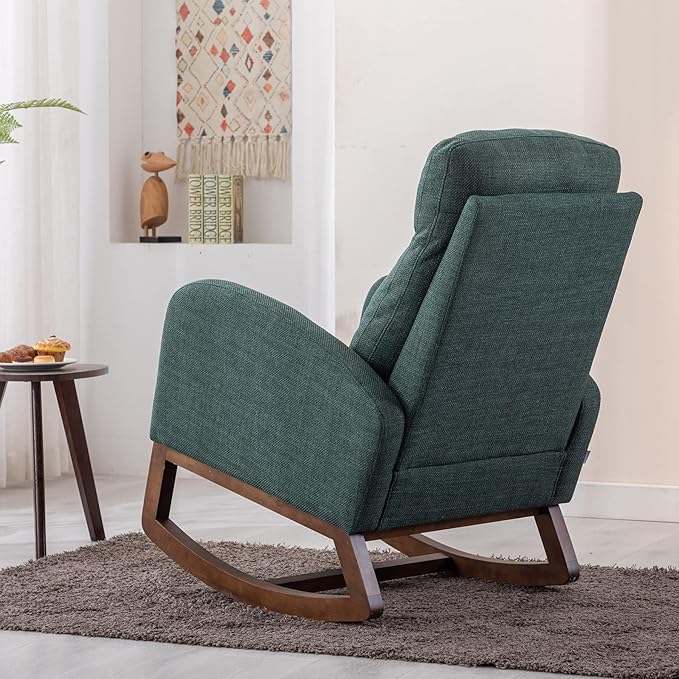 Dolonm Nursery Rocking Chair for Living Room, Upholstered Mid-Century Modern Nursery Rocking Armchair Tall Back Accent Glider Rocker, Emerald