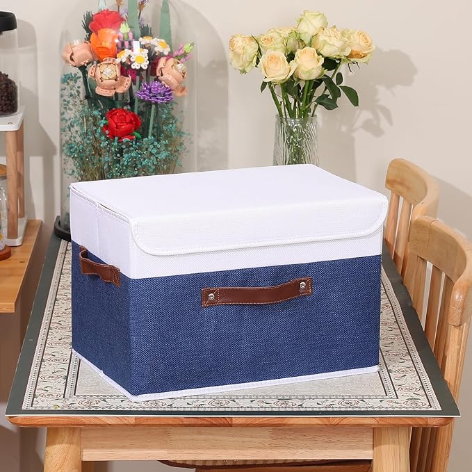 ANMINY Storage Boxes with Lids Washable Decorative Storage Bins Basket with PU Leather Handle Foldable Linen Fabric Storage Cubes Containers for Home Closet Organizer - Deep Blue White, Large Size