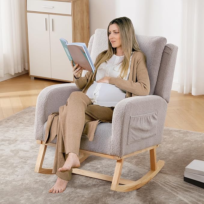 Rocking Chair Nursery, Sherpa Nursing Rocking Chairs, Upholstered Nursery Glider Rocker for Mom Nursery Morden Accent Rocking Chair Pillow for Living Room,Bedroom,Teddy Light Grey