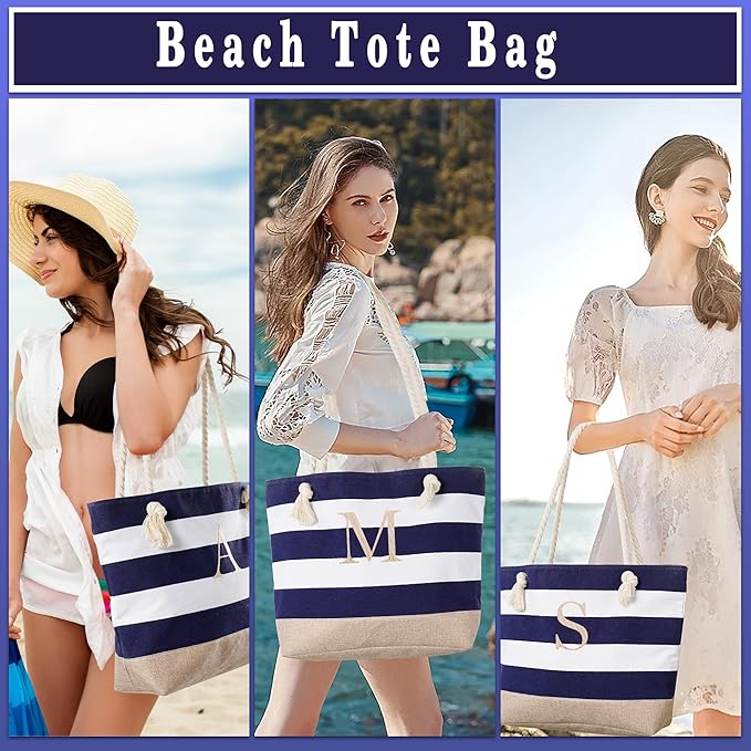 YOOLIFE Initial Canvas Waterproof Beach Tote Bag Zipper Personalized Gifts for Women Her Birthday Travel Beach Essential