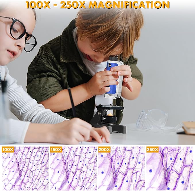 Portable Handheld Mini Microscope for Kids, 100x-250x Zoom with LED Lights, Alloy Pocket Microscope for Boys & Girls, Educational Science Kit (Blue)