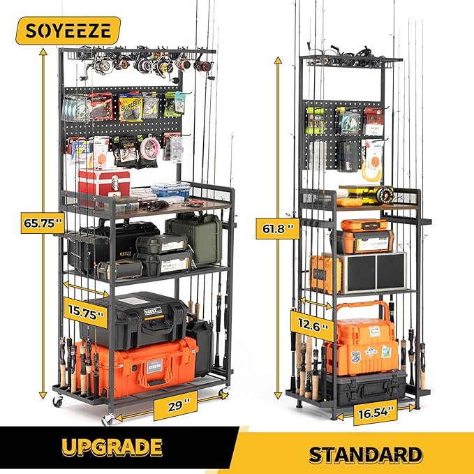 SOYEEZE Fishing Rod Holders for Garage,Fishing Gear Holder for Fishing Rod Tackle Box Storage，Fishing Pole Holders for 12 Rods with Hooks and Pegboard,Fishing Cart with Reel Rack