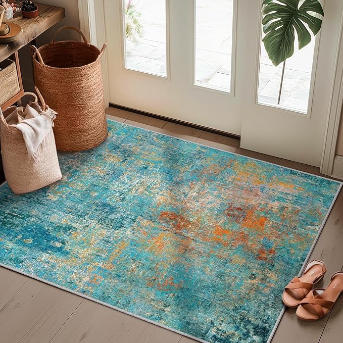 Washable Area Rugs 2'x3' Non-Slip Modern Abstract Soft for Living Room Entryway Bedroom Nursery, Print Pattern, Teal Blue Green Orange Rust Red Colorful