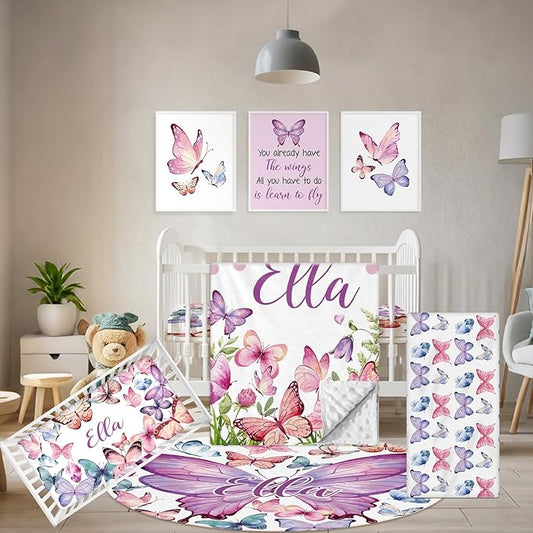 Personalized Baby Bedding Set, 5 Pcs Custom Infants Bedding Set with Infant Name, Double Layer Nursery Crib Set for Girls Boys, Customized Gifts for Toddler Baby Shower, Pink & Purple Butterfly
