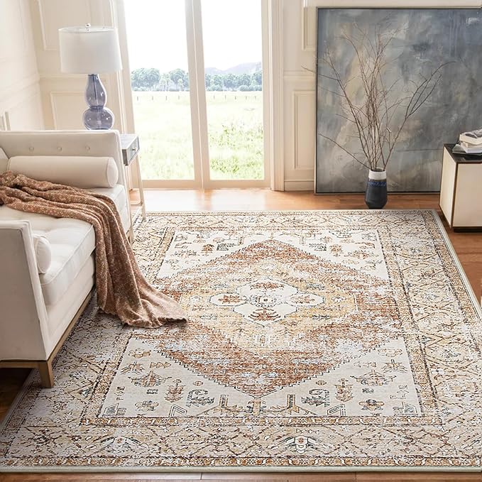 Lahome 5x7 Boho Machine Washable Area Rug (Non-Slip Lightweight Low-Pile)(Oriental Distressed Print for Living,Bedroom,Office)