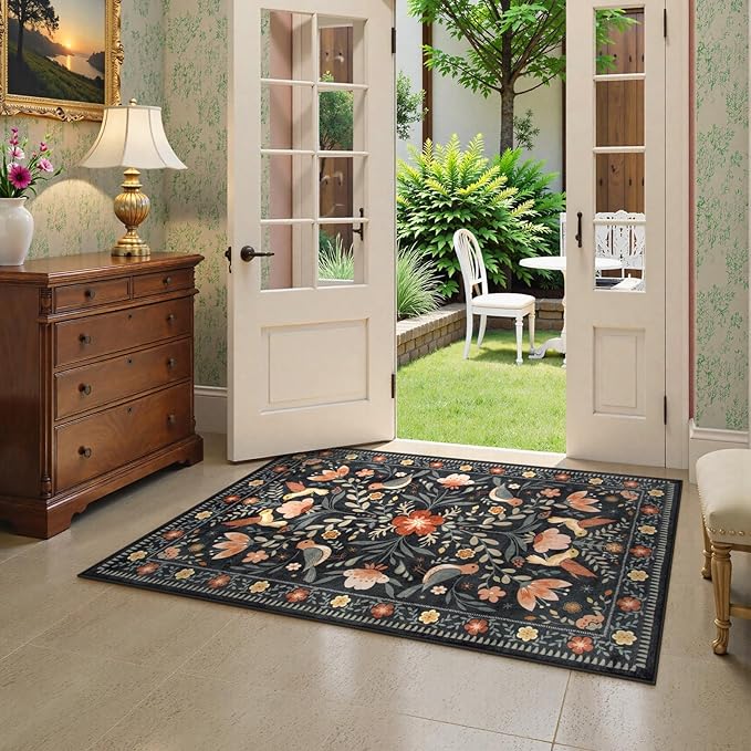 Moynesa Boho Bird 3x5 Rug, Ultra Thin Washable Kitchen Rugs Anti Skid Rubber Backing, Low Pile, Soft, Indoor Large Black Throw Carpet for Entryway Office Bedroom Bathroom Living Room