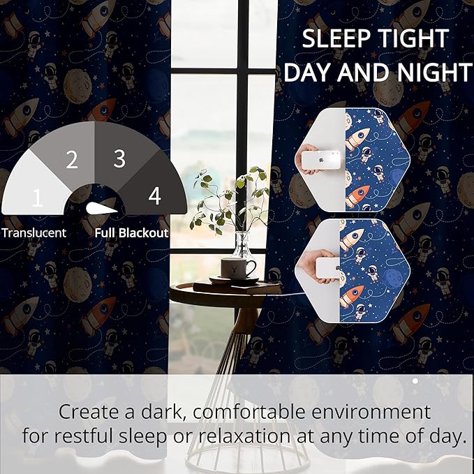 Kids Space Astronaut and Rocket Blackout Curtains - 100% Blackout, Thermal Insulated, Noise Reducing, Perfect for Kids Room and Nursery, 2 Panels (Orbiting Astronauts, W52×L63)