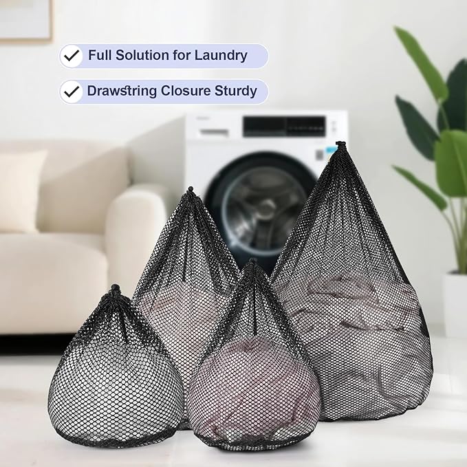 4Pcs Mesh Laundry Bags Washing Machine Mesh Wash Bags Jumbo for Delicates Clothes,Bed Linen,Toys with Drawstring Closure Sturdy (Black, Pack 4 Pcs)