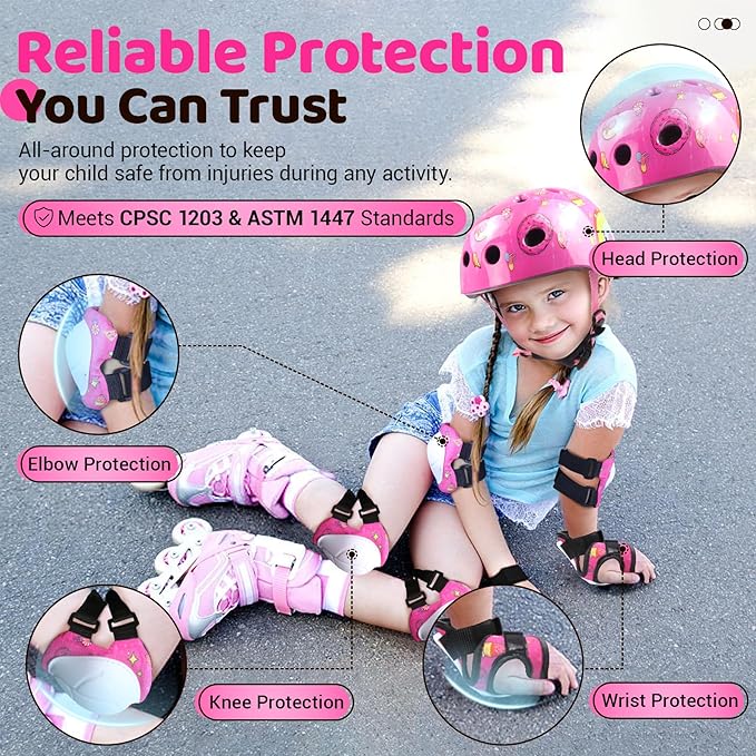 Vvinca Kids Toddlers Bike Helmet Adjustable for Ages 3-5-8 Years, Knee Pads and Elbow Pads Set Wrist Guard Sports Protective Gear Set for Roller Skate Bicycle Skateboard Scooter Girl Boy Birthday Gift