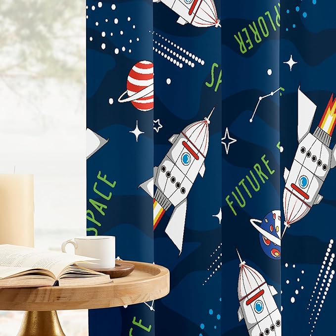 Kids Space Rocket Blackout Curtains - 100% Blackout, Thermal Insulated, Noise Reducing, Perfect for Kids Room and Nursery, 2 Panels (Future Explorer Rockets, W52×L84)