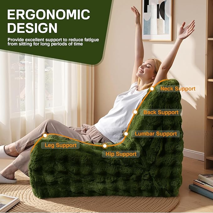 Modern Bean Bag Chair, Large Bean Bag Couch for Adults with Memory Foam Filled, Soft Faux Bunny Fur Lazy Chair for Living Room Bedroom Dorm Apartment, No Assembly Required, Green