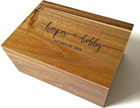 Keepsake Box for Couple - Engraved Memento Box w/ Couples Names, Anniversary Wedding Gift for Couple, Acacia Wood Love Chest, Time Capsule, Custom Heirloom Storage, Hidden Message, 11 x 8 x 4.75 in