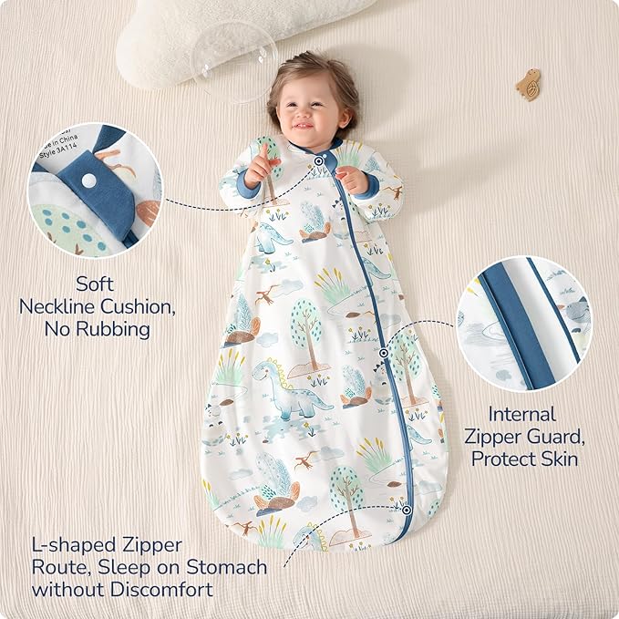Baby Sleep Sack 18-24 Months, Cotton Detachable Long Sleeve Sleep Sack, 2.5 Tog Toddler Sleeping Sack with Temperature Strips, 2-Way Zipper Wearable Blankets for Newborns, Dinosaur