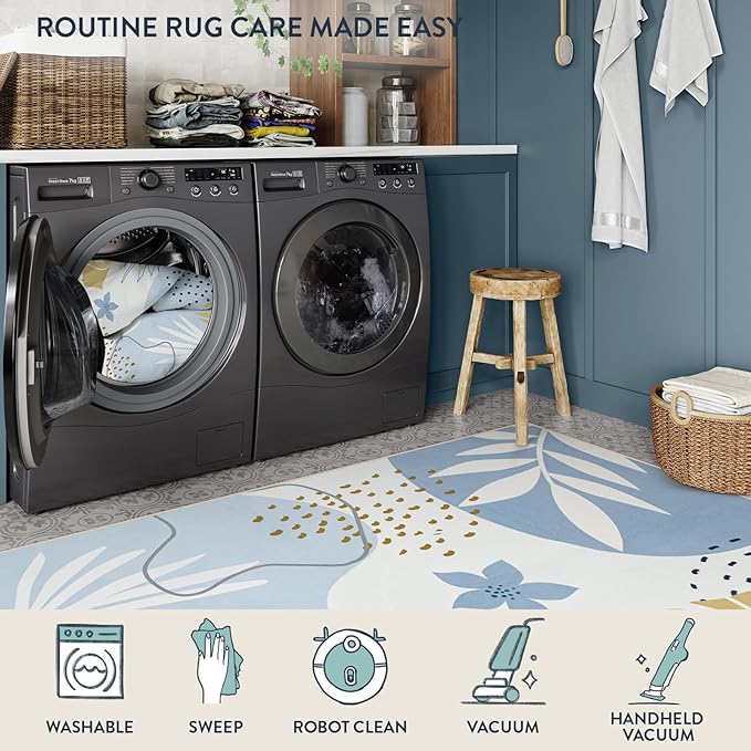 Lahome 9x12 Rugs for Living Room, Washable Non-Slip Ultra-Thin Larege Area Rug for Dining Room Table, Boho Botanical Print Indoor Soft Carpet for Bedroom Office, Blue