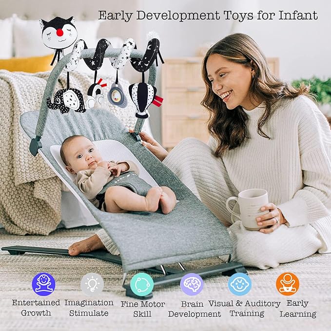 Car Seat Toys, High Contrast Black and White Toy for Infants 0-3 6 12 Months, Musical Black Fox Carseat Toys Stroller Toy for Babies Newborns