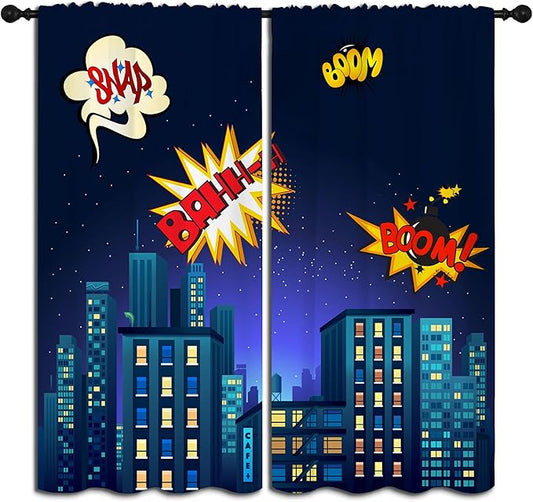 Superhero Rod Pocket Blackout Curtains for Boy Girl Bedroom, Cartoon Skyline Buildings Cityscape Home Energy Efficient Light Filtering Window Curtain for Living Room, 84x63 inch