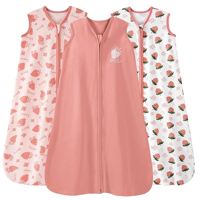 Baby Sleep Sack 0-6 Months 0.5 Tog Wearable Blanket Baby, 3 Pack 100% Cotton Lightweight Sleeping Sack with 2-Way Zipper for Newborn Infant Strawberry