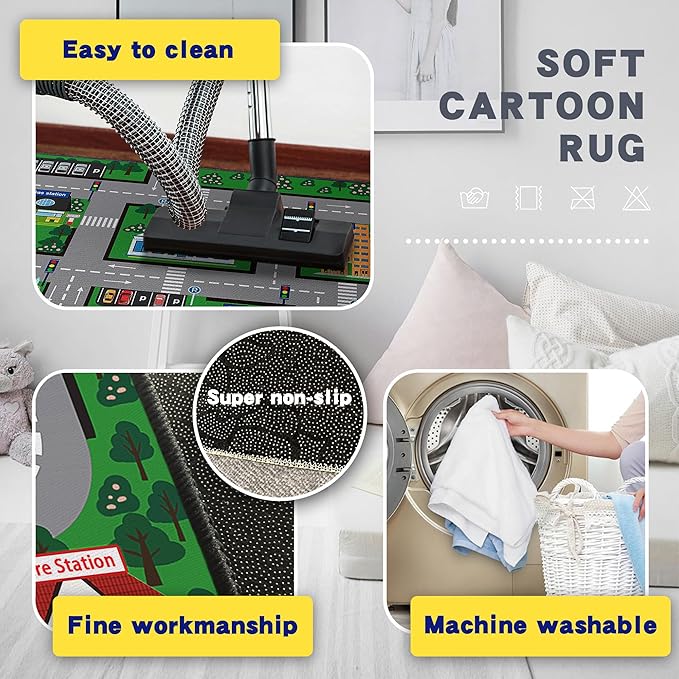 Fun Car Play Area Carpet Car Mat 3x4 Play Rug for Playroom Town City Road Map for Boys Bedroom Non-Slip Washable
