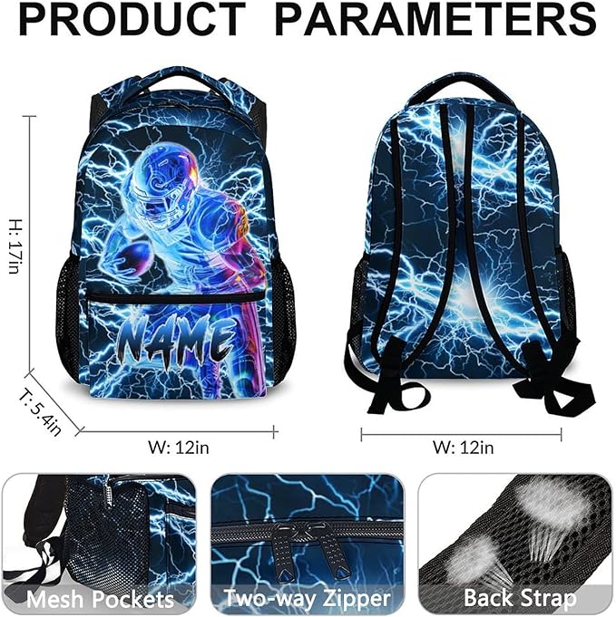 Boys School Backpack, Personalized Football Backpacks for Kids Kindergarten Senior Middle, 17 Inch Lightweight Lightning Bookbag with Custom Name, Cool Back to School Gift