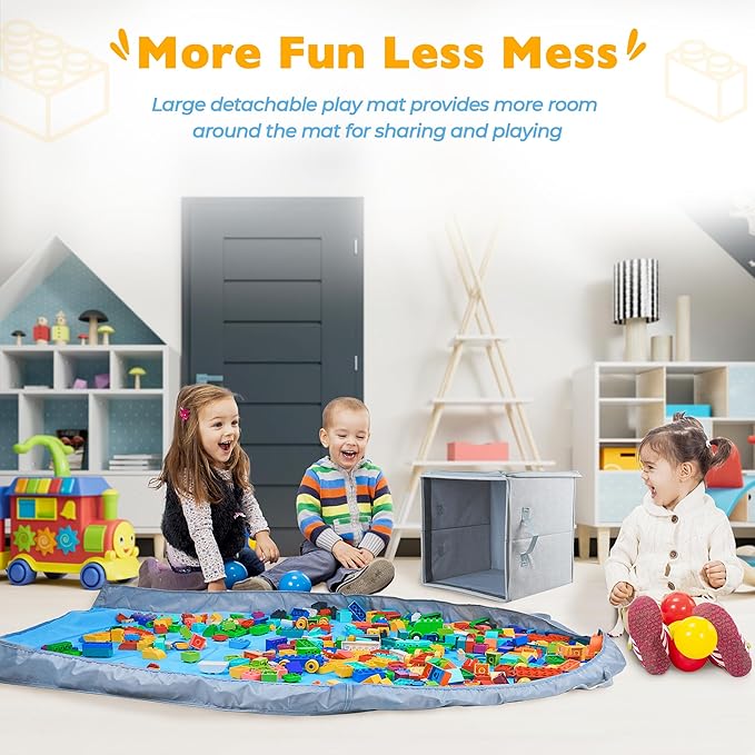 SAM AND MABEL Toy Storage Basket and Play Mat – 13" x 13" x 13" Stackable and Collapsible Cubby Box Organizers for Kids Playroom, Nursery Storage Bins for Boys and Girls (Warm Grayish Beige)