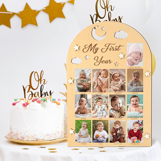 R HORSE My First Year Photo Frame Board - 3D Star Baby First Year Picture Frame 12 Months Milestone Photo Display Wood Board Baby Keepsake 1st Birthday Nursery Decor Gift for Boy Girl