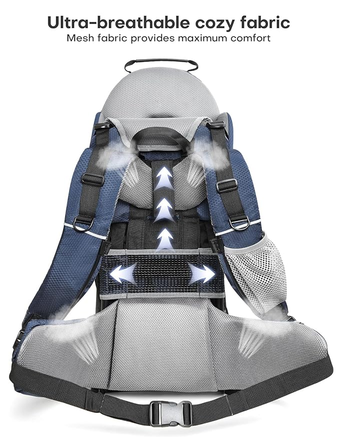 besrey Baby Backpack Carrier, Toddler Hiking Backpack with Safety 3-Height Seat, Adjustable Straps&Waist Belt, Foldable Frame Lightweight Large Capacity Child Carrier for Hiking (Blue/Grey)