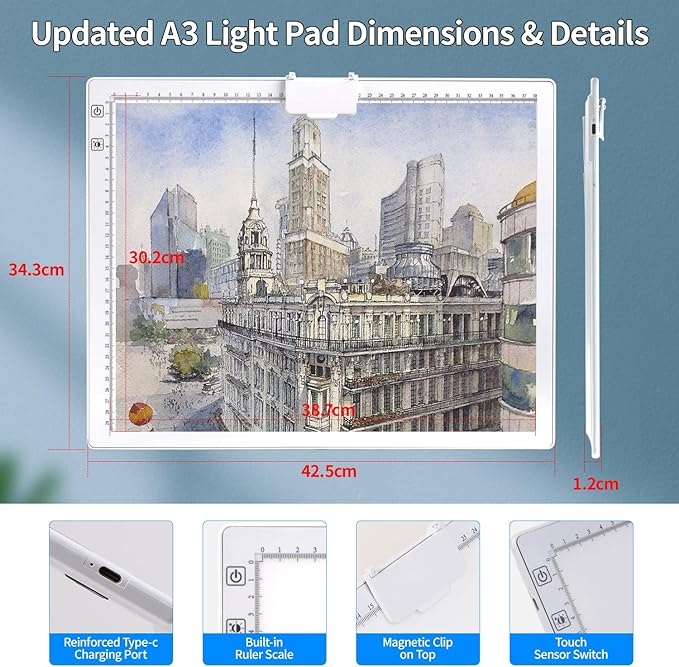 A3 Light Pad, Elice Tracing Light Box 3 Colors Mode Stepless and 6 Levels of Brightness Light Copy Pad, Wireless Rechargeable Led Light Board for Weeding Vinyl Diamond Painting Sketching (White)