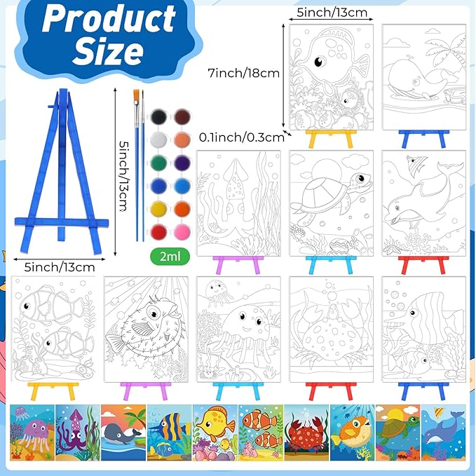 Blosssound 10 Set Pre Printed Canvas Pre Drawn Canvas Painting with Easel Kits 5" x 7" Outline Painting Panels for Beginners, DIY Craft Project, Party Favor, Home Decors(Ocean)