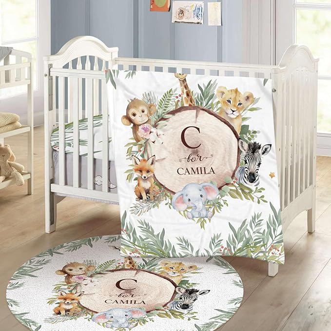 Personalized Baby Crib Bedding Set - Custom Name Animals and Forests 3 Pcs Set - Soft Blanket with Double Layer Dotted Backing, Fitted Sheet, Room Rug for Newborns Boys Girls Shower Gift
