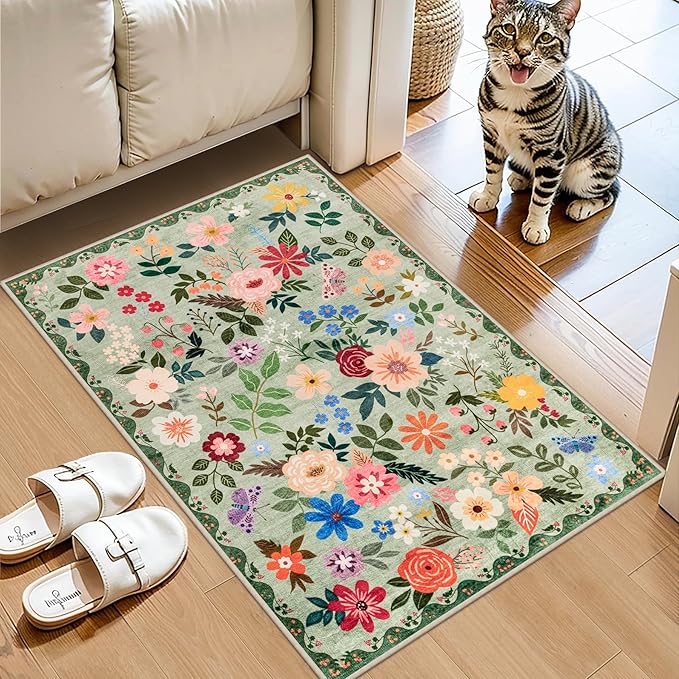 Entryway Rug 2X3 Small Rugs: Floral Washable Door Mat Vintage Soft Low Pile Non-Slip Kitchen Rugs Stain Resistant Indoor Throw Rug for Entrance, Bedroom, Kitchen, Laundry, Bathroom Green