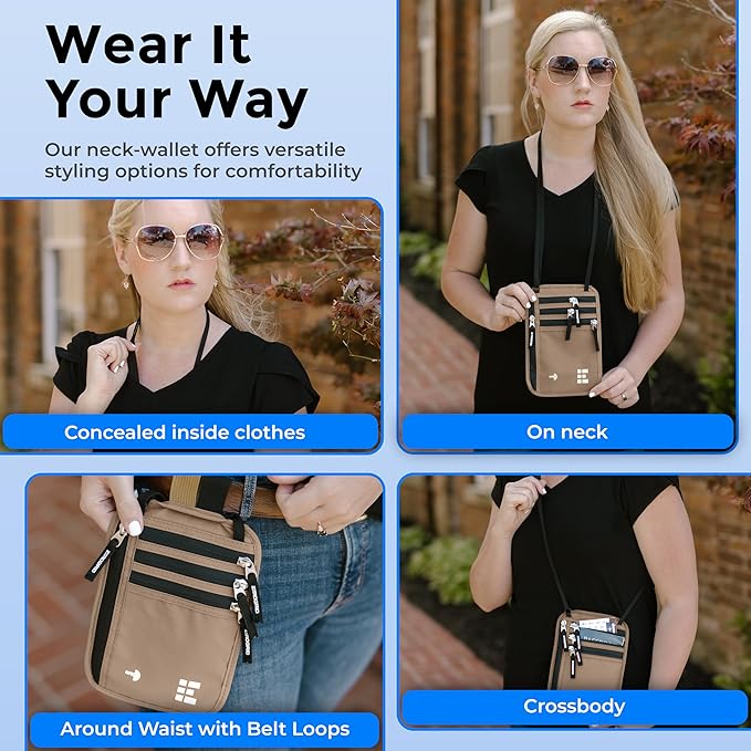 Neck Wallet for Travel & Passport Holder with RFID Blocking - Slim & Easy to Conceal Nylon Travel Pouch for men & women - Holds Phone, Cash, Cards, Keys - Sweat & Water Resistant - Large - Desert Sand