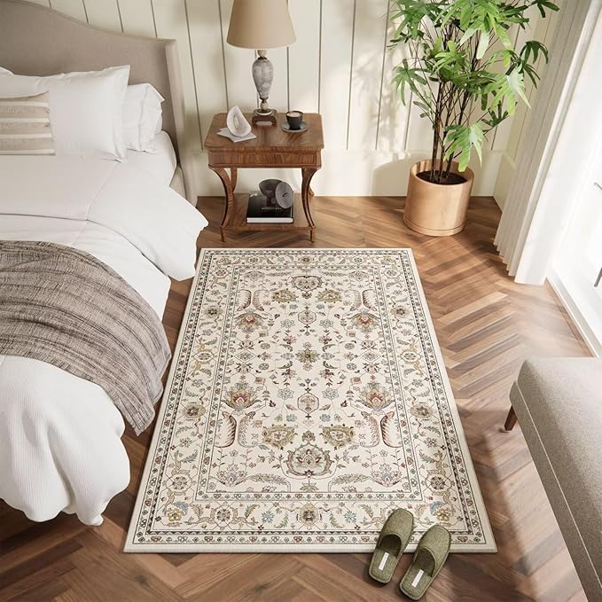 Washable 4x6 Rugs for Living Room, Boho Non-Slip Silicone Backing Small Rugs for Bedroom Nursery Office, 0.3" Neutral Oriental Throw Carpet with 0.16" Cushioning Pad, Light Beige/Multi