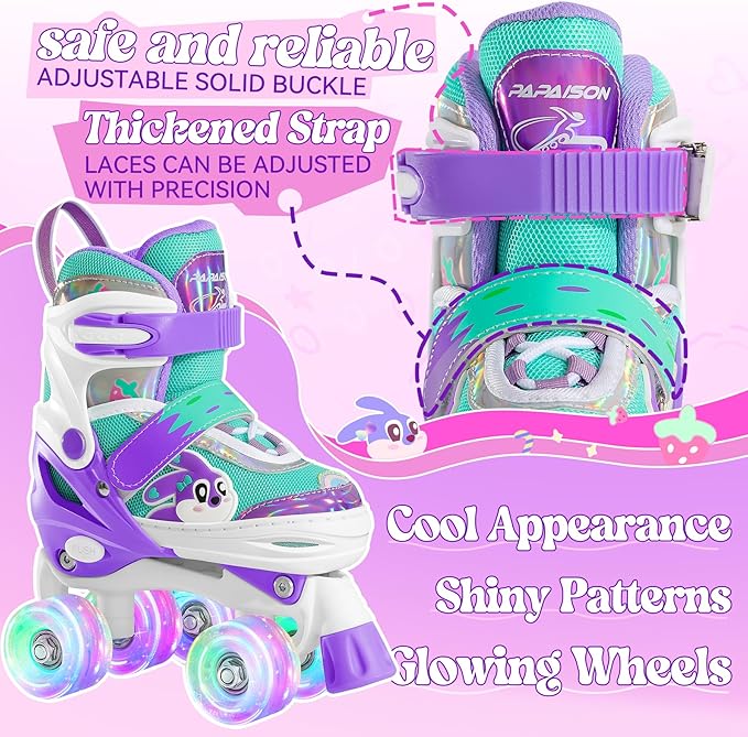 PAPAISON Adjustable Roller Skates for Girls Illuminating Wheels, Kids Toddler Rollerskates Ages 4-6 5-8 8-12